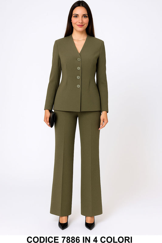 Tailleur donna elegante giacca svasata con bottoni Pantalone Palazzo Completo Chic in 5 colori – 7886