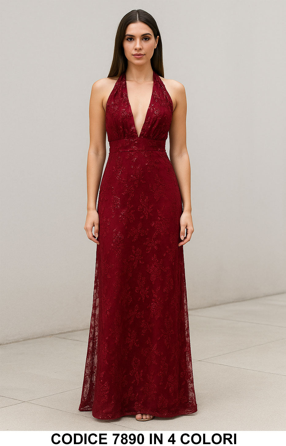 Abito lungo elegante scollo all’americana con paillettes Vestito Cerimonia Evento in 4 colori – 7890