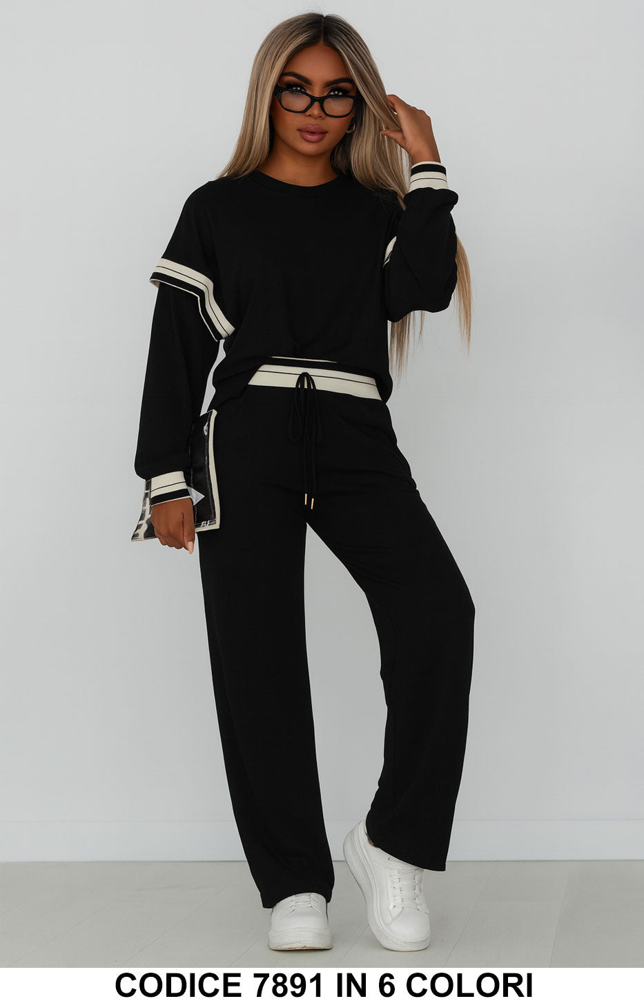 Completo casual con dettagli rigati Tuta Sportiva Felpa Pantalone Palazzo in 6 colori – 7891
