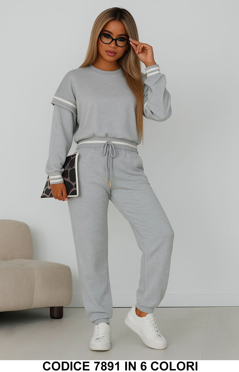Completo casual con dettagli rigati Tuta Sportiva Felpa Pantalone Palazzo in 6 colori – 7891