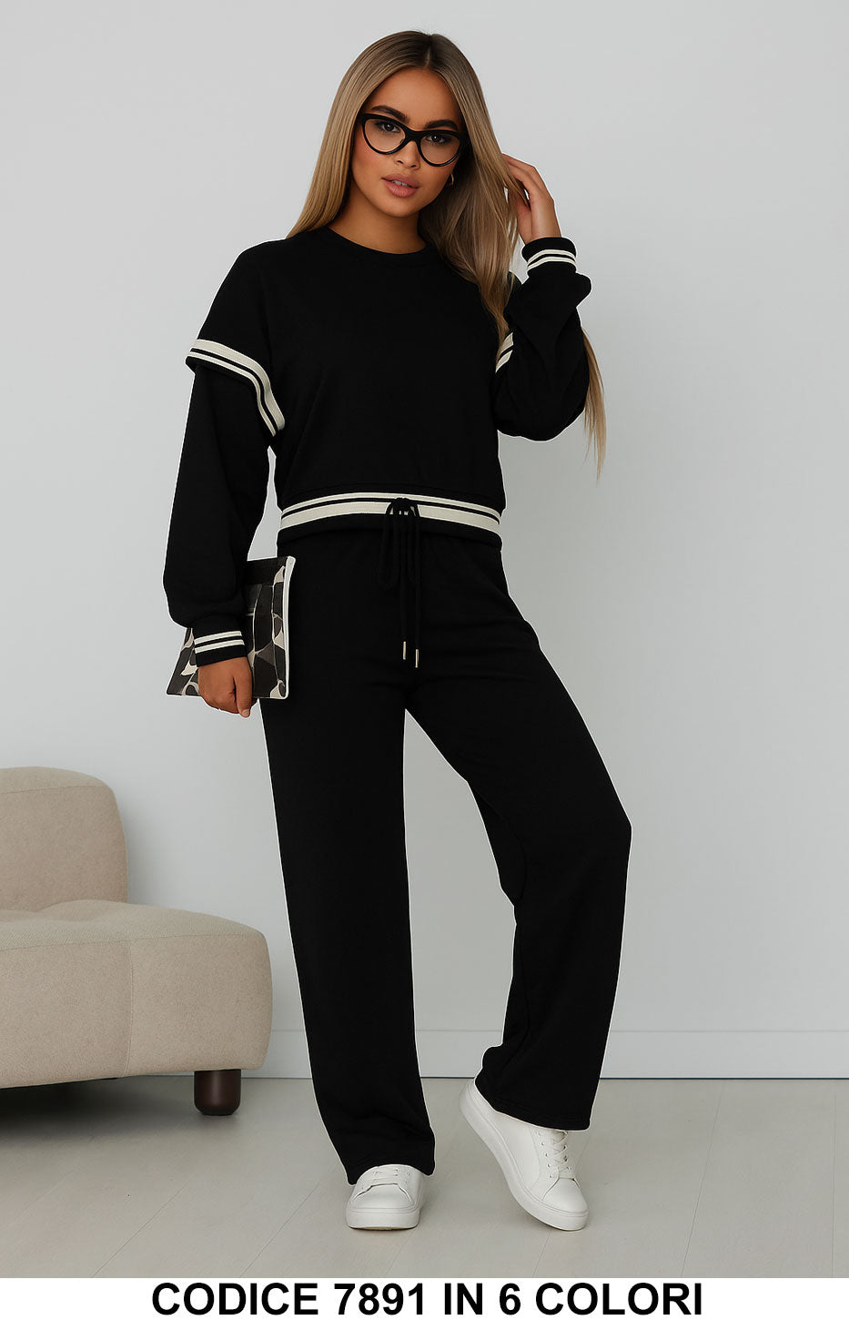 Completo casual con dettagli rigati Tuta Sportiva Felpa Pantalone Palazzo in 6 colori – 7891
