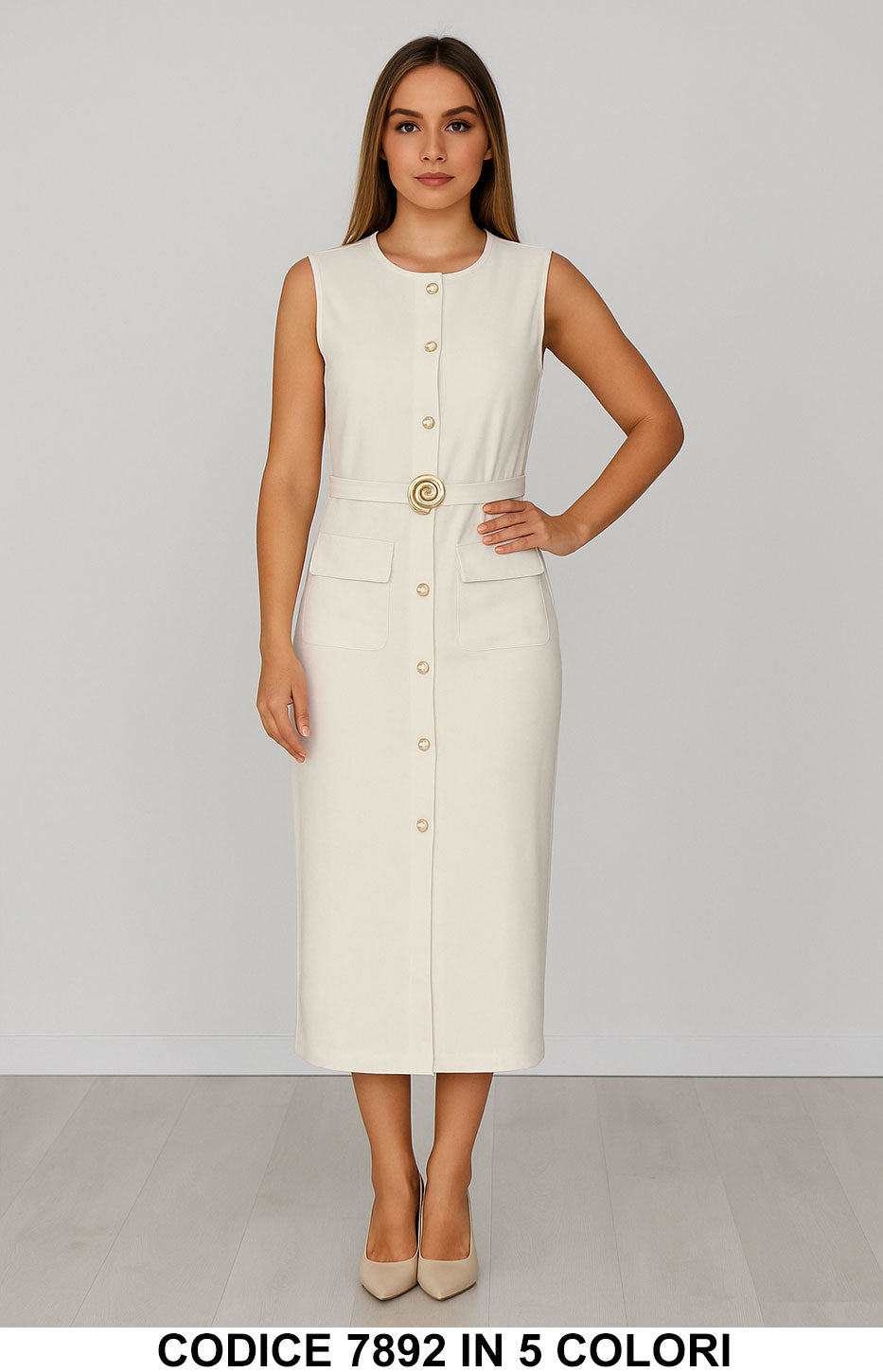 Abito midi smanicato con bottoni dorati e cintura gioiello Vestito Elegante Tubino in 4 Colori – 7892
