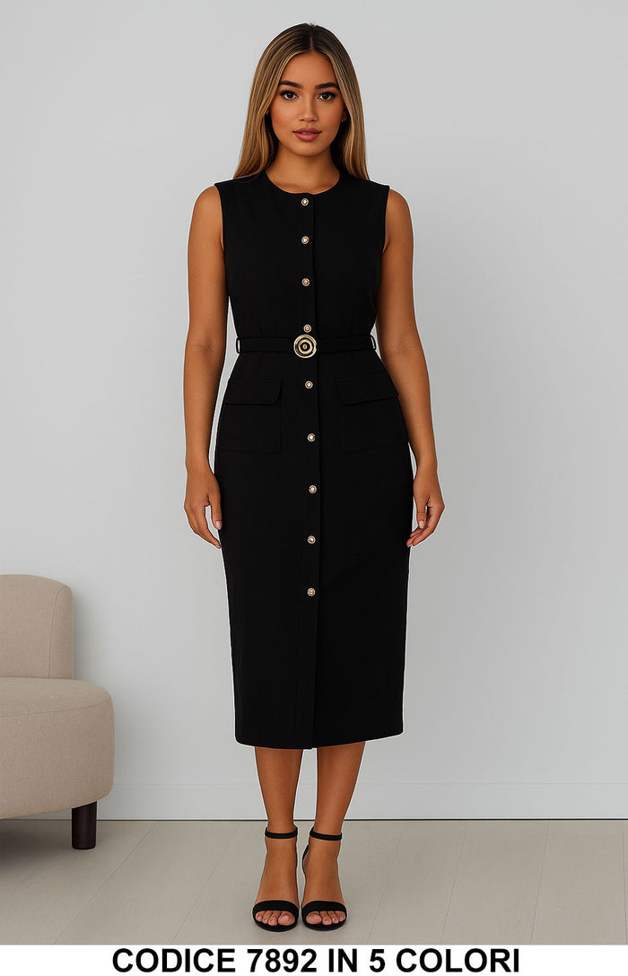 Abito midi smanicato con bottoni dorati e cintura gioiello Vestito Elegante Tubino in Nero – 7892