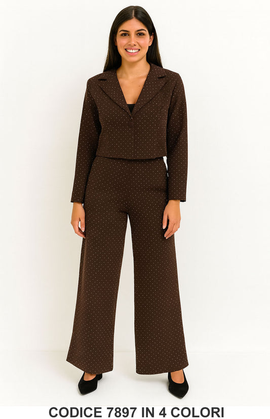 Tailleur elegante a pois con giacca corta e pantalone palazzo Completo Fashion in 4 colori – 7897