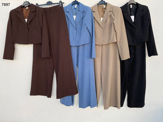 Tailleur elegante a pois con giacca corta e pantalone palazzo Completo Fashion in 4 colori – 7897