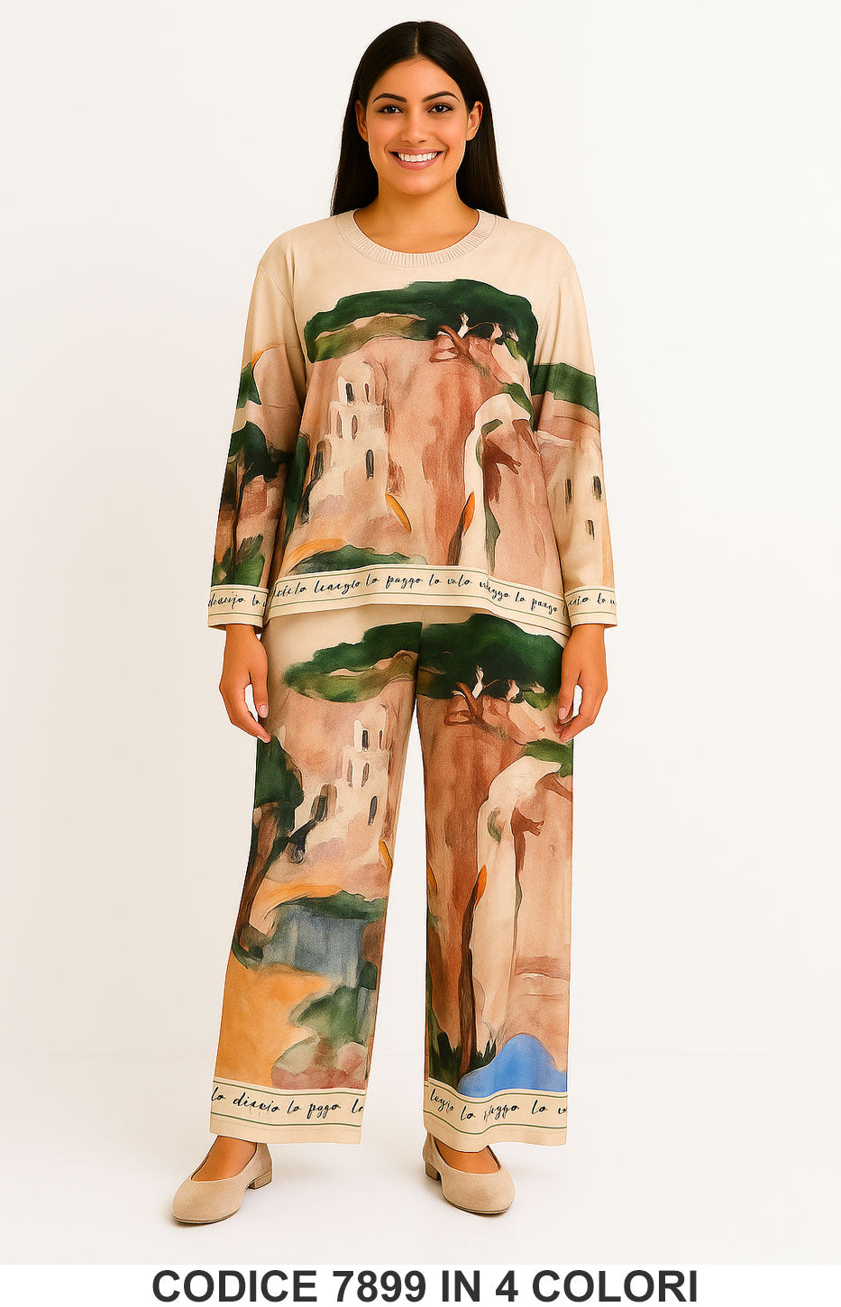 Completo fantasia artistica due pezzi maglia e pantalone palazzo Coordinato Elegante in 4 Colori – 7899
