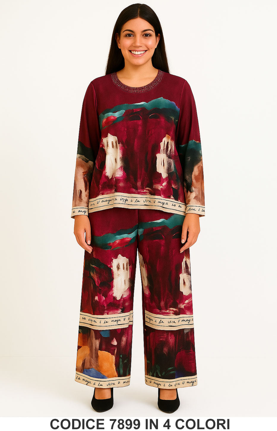 Completo fantasia artistica due pezzi maglia e pantalone palazzo Coordinato Elegante in 4 Colori – 7899