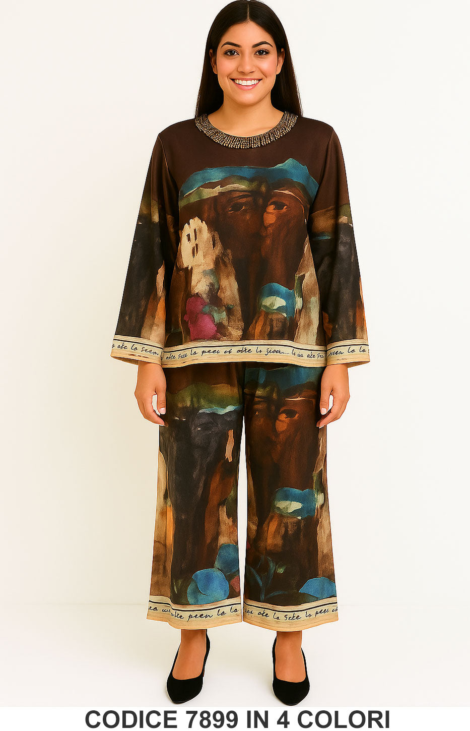 Completo fantasia artistica due pezzi maglia e pantalone palazzo Coordinato Elegante in 4 Colori – 7899
