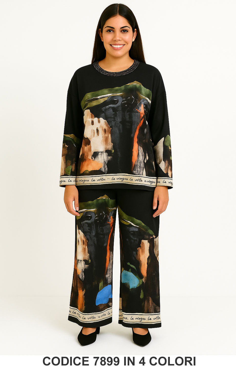 Completo fantasia artistica due pezzi maglia e pantalone palazzo Coordinato Elegante in 4 Colori – 7899