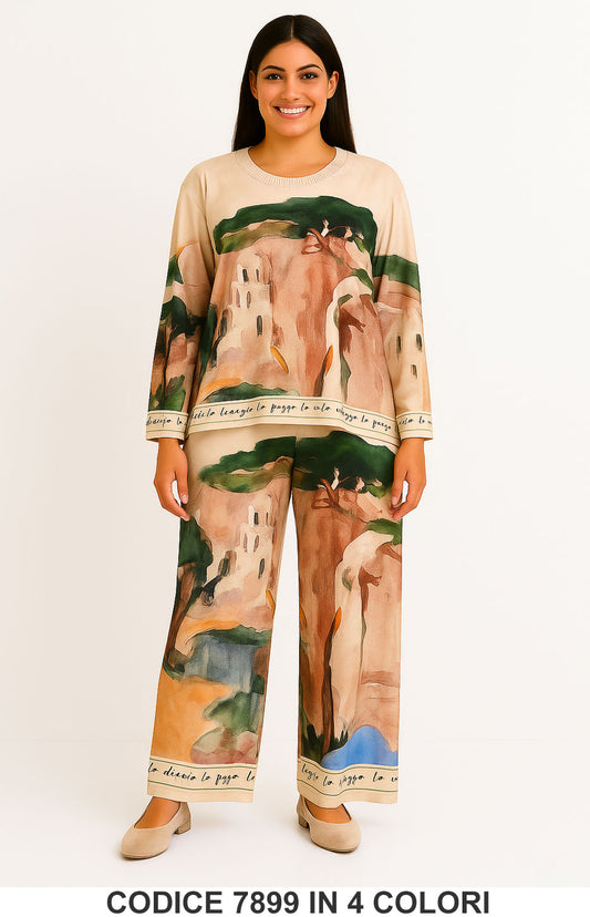 Completo fantasia artistica due pezzi maglia e pantalone palazzo Coordinato Elegante in 4 Colori – 7899