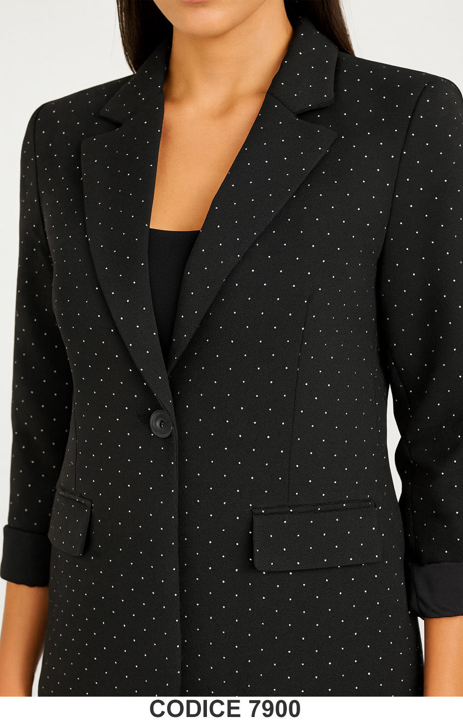 Tailleur donna elegante Nero Strass Metallo con giacca monopetto e pantalone palazzo a pois Completo – 7900