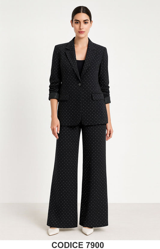 Tailleur donna elegante Nero Strass Metallo con giacca monopetto e pantalone palazzo a pois Completo – 7900