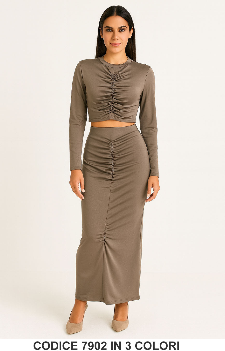 Completo donna con crop top arricciato e gonna lunga Coordinato