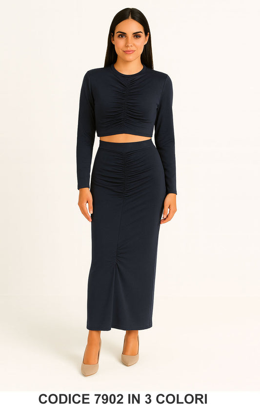 Completo donna con crop top arricciato e gonna lunga Coordinato Casual in 3 colori – 7902