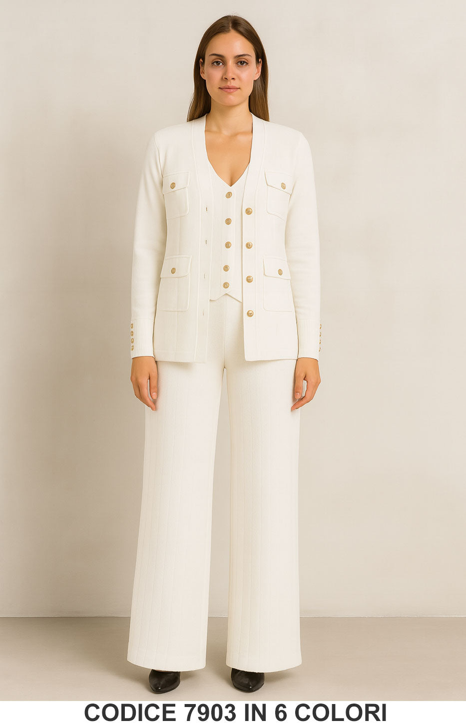 Completo 3 pezzi maglia + gilet + pantalone palazzo Bottoni Gioiello Coordinato in 6 colori – 7903