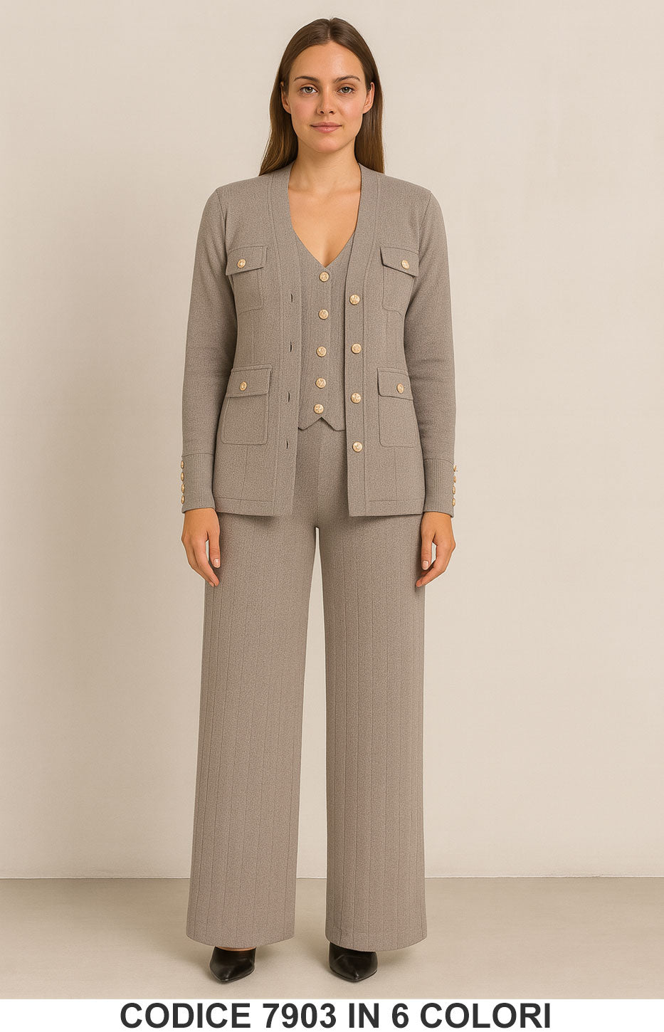 Completo 3 pezzi maglia + gilet + pantalone palazzo Bottoni Gioiello Coordinato in 6 colori – 7903