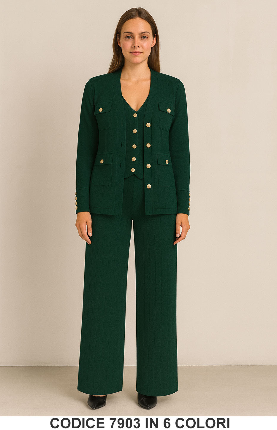 Completo 3 pezzi maglia + gilet + pantalone palazzo Bottoni Gioiello Coordinato in 6 colori – 7903