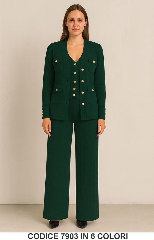 Completo 3 pezzi maglia + gilet + pantalone palazzo Bottoni Gioiello Coordinato in 6 colori – 7903