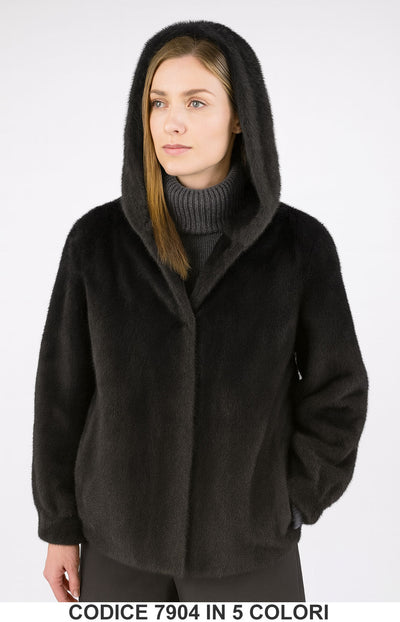 Cappotto pelliccia ecologica con cappuccio GIubbotto Fashion Morbido in Nero – 7904