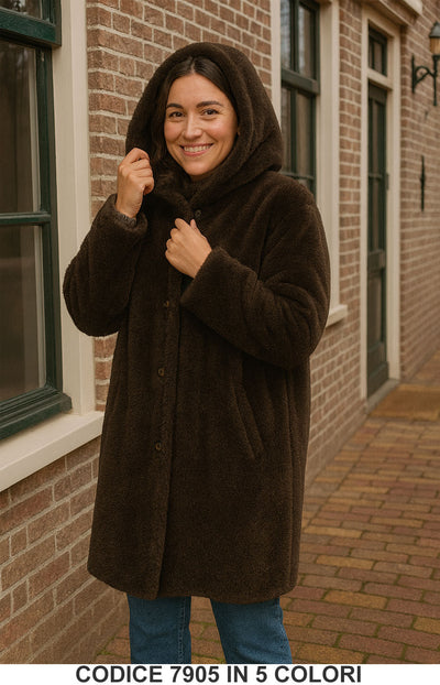 Cappotto lungo pelliccia ecologica con cappuccio Giubbotto Lungo Fashion in Marrone – 7905