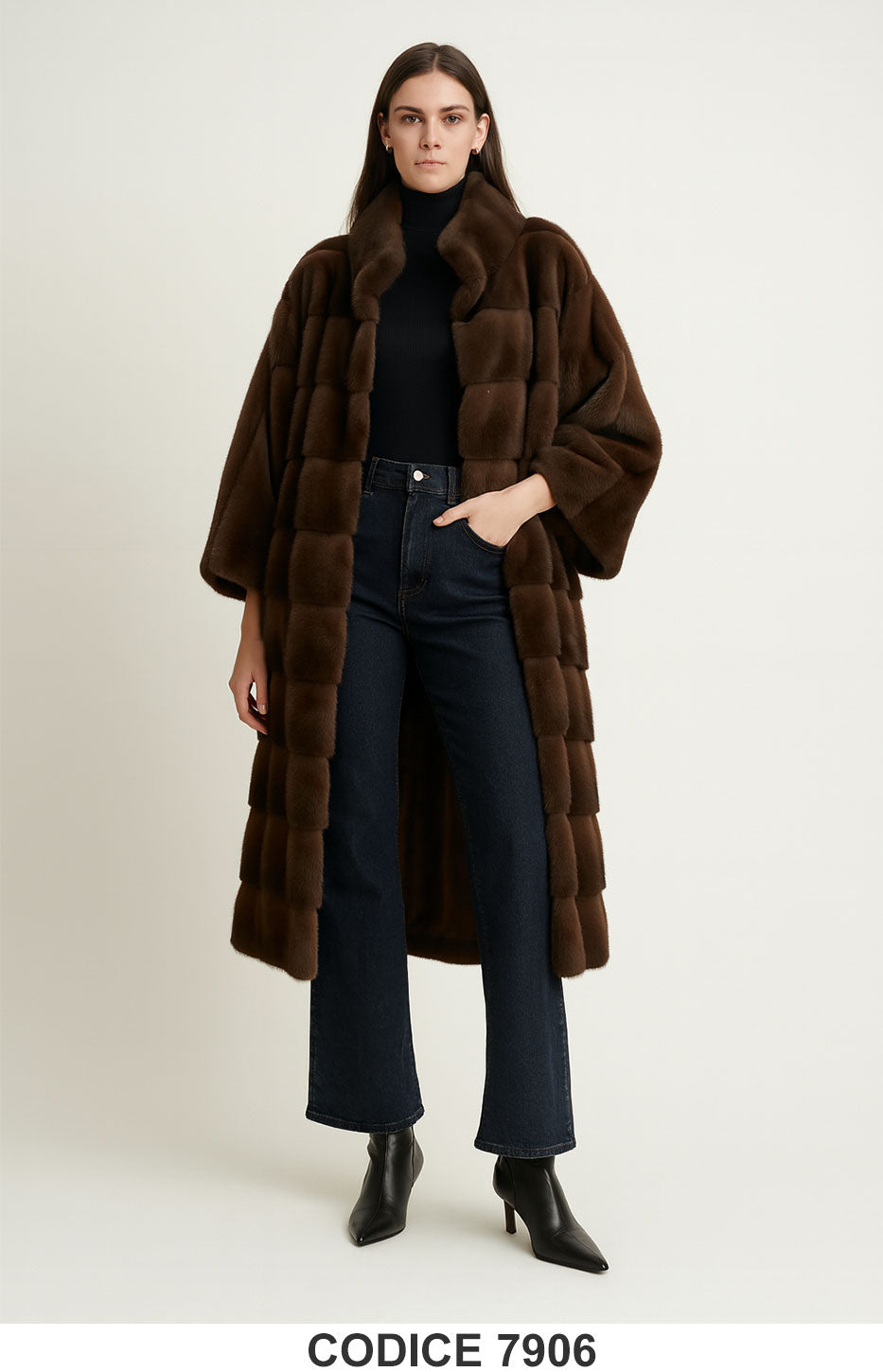 Cappotto lungo in eco pelliccia marrone elegante Maniche Ampie Collo Morbido – 7906