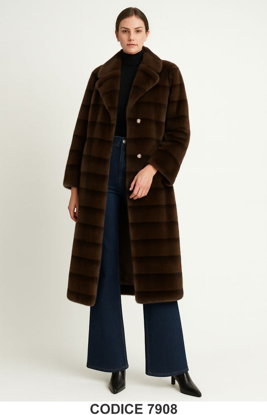 Cappotto lungo in eco pelliccia marrone con bottoni gioiello Fashion Elegante – 7908
