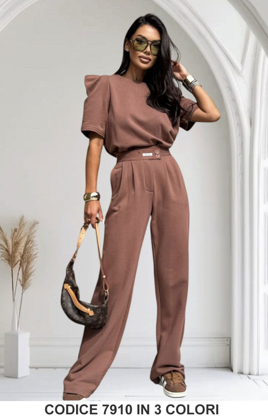 Completo donna elegante con maniche a sbuffo e pantalone a vita alta Coordinato in 3 Colori – 7910