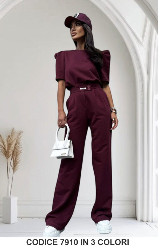 Completo donna elegante con maniche a sbuffo e pantalone a vita alta Coordinato in 3 Colori – 7910