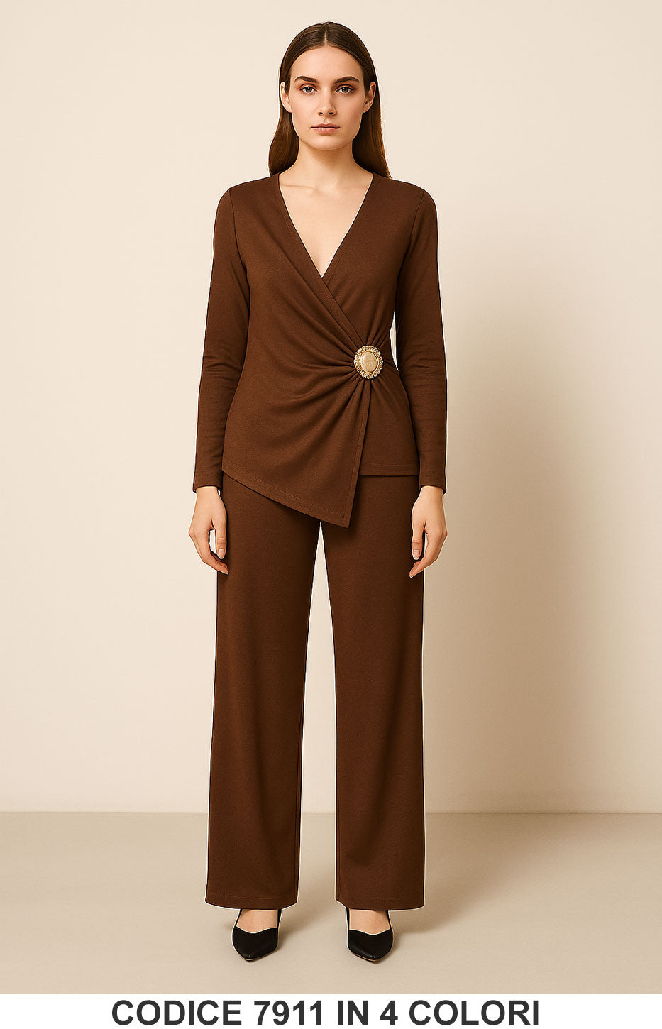Completo elegante con spilla gioiello Maglia Blusa Asimmetrica Pantalone Palazzo in 4 colori – 7911