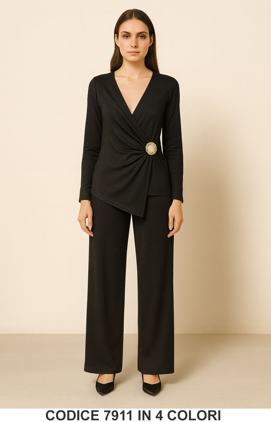 Completo elegante con spilla gioiello Maglia Blusa Asimmetrica Pantalone Palazzo in 4 colori – 7911