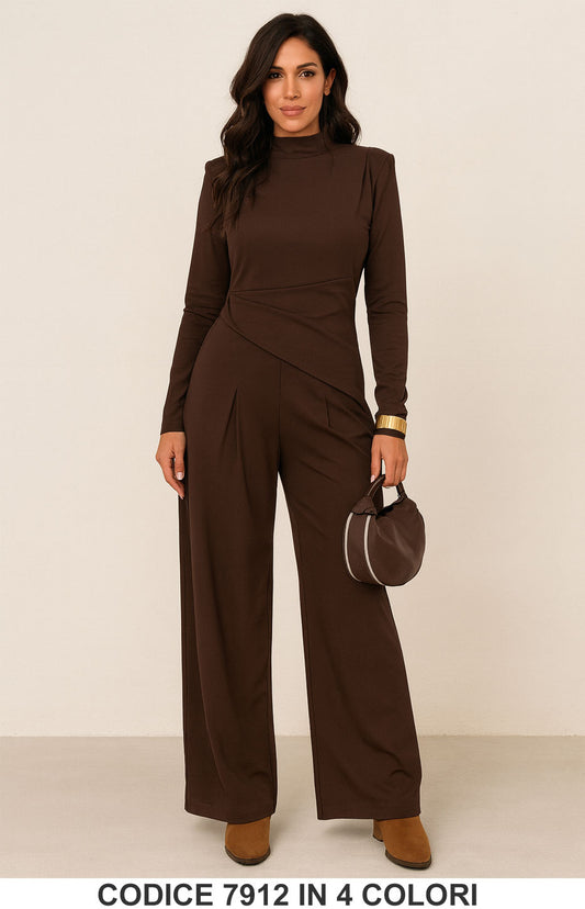 Completo elegante due pezzi Marrone Coordinato Maglia Asimmetrica Pantalone Palazzo – 7912