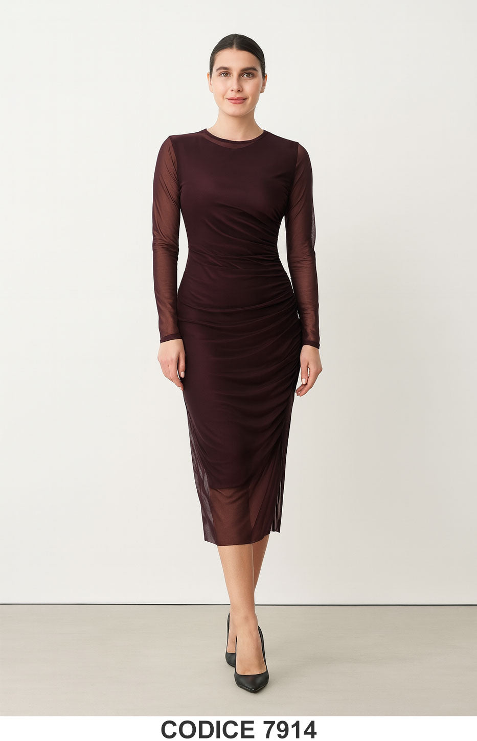 Abito lungo in tulle trasparente con arricciature Vestito Evento Nero Viola Cerimonia – 7914