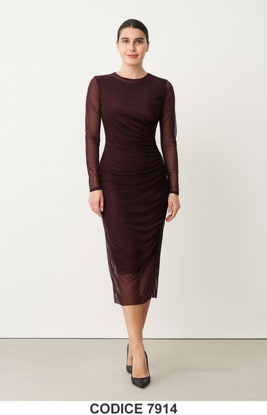 Abito lungo in tulle trasparente con arricciature Vestito Evento Nero Viola Cerimonia – 7914