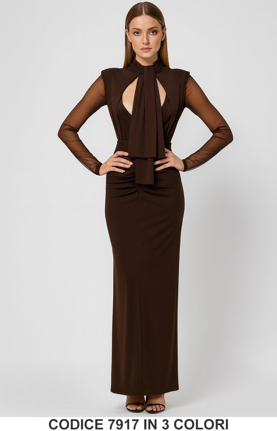 Abito lungo elegante con maniche in tulle e drappeggi Vestito Evento Serata in 3 Colori – 7917