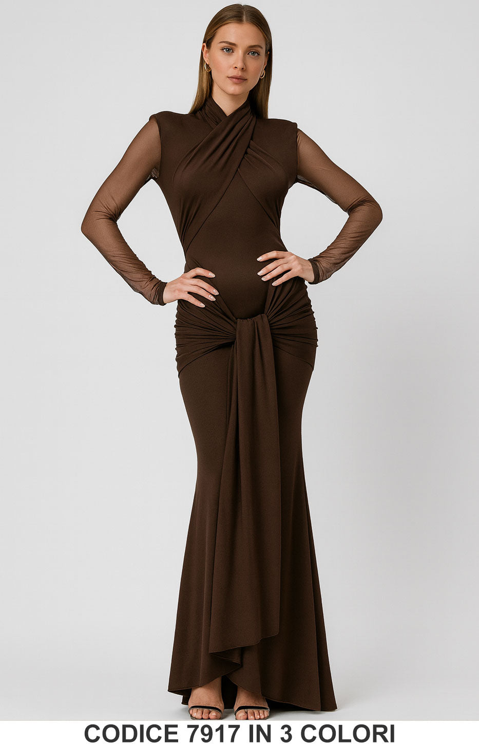Abito lungo elegante con maniche in tulle e drappeggi Vestito Evento Serata in 3 Colori – 7917