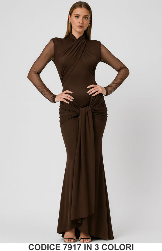 Abito lungo elegante con maniche in tulle e drappeggi Vestito Evento Serata in 3 Colori – 7917