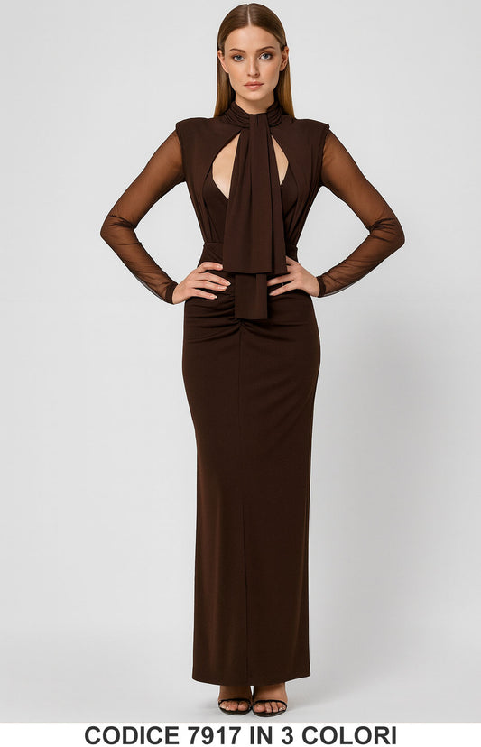 Abito lungo elegante con maniche in tulle e drappeggi Vestito Evento Serata in 3 Colori – 7917