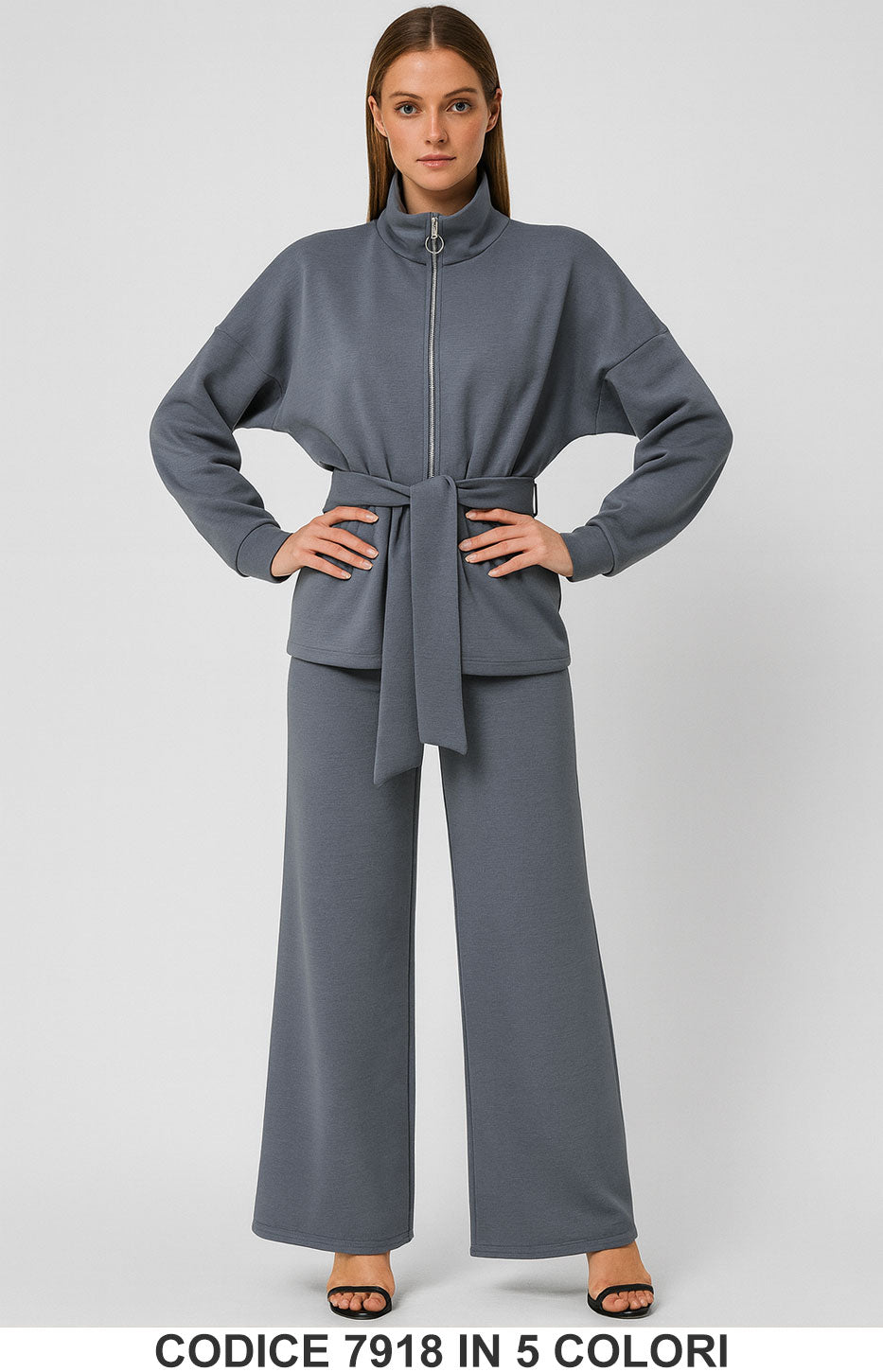 Completo sport chic con giacca zip e cintura Pantalone Palazzo Coordinato Fashion in 5 colori – 7918