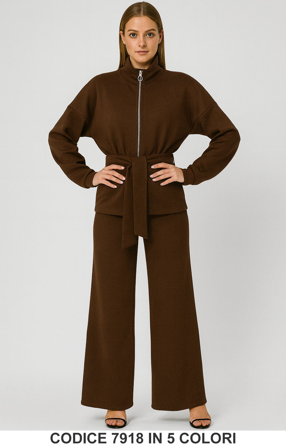 Completo sport chic con giacca zip e cintura Pantalone Palazzo Coordinato Fashion in 5 colori – 7918