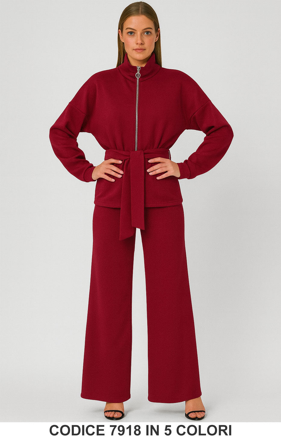 Completo sport chic con giacca zip e cintura Pantalone Palazzo Coordinato Fashion in 5 colori – 7918