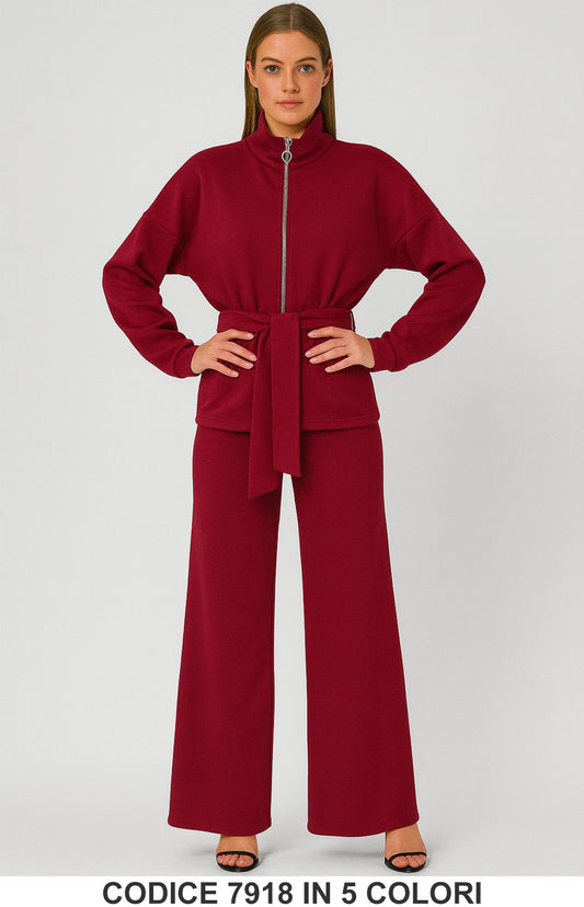Completo sport chic con giacca zip e cintura Pantalone Palazzo Coordinato Fashion in 5 colori – 7918