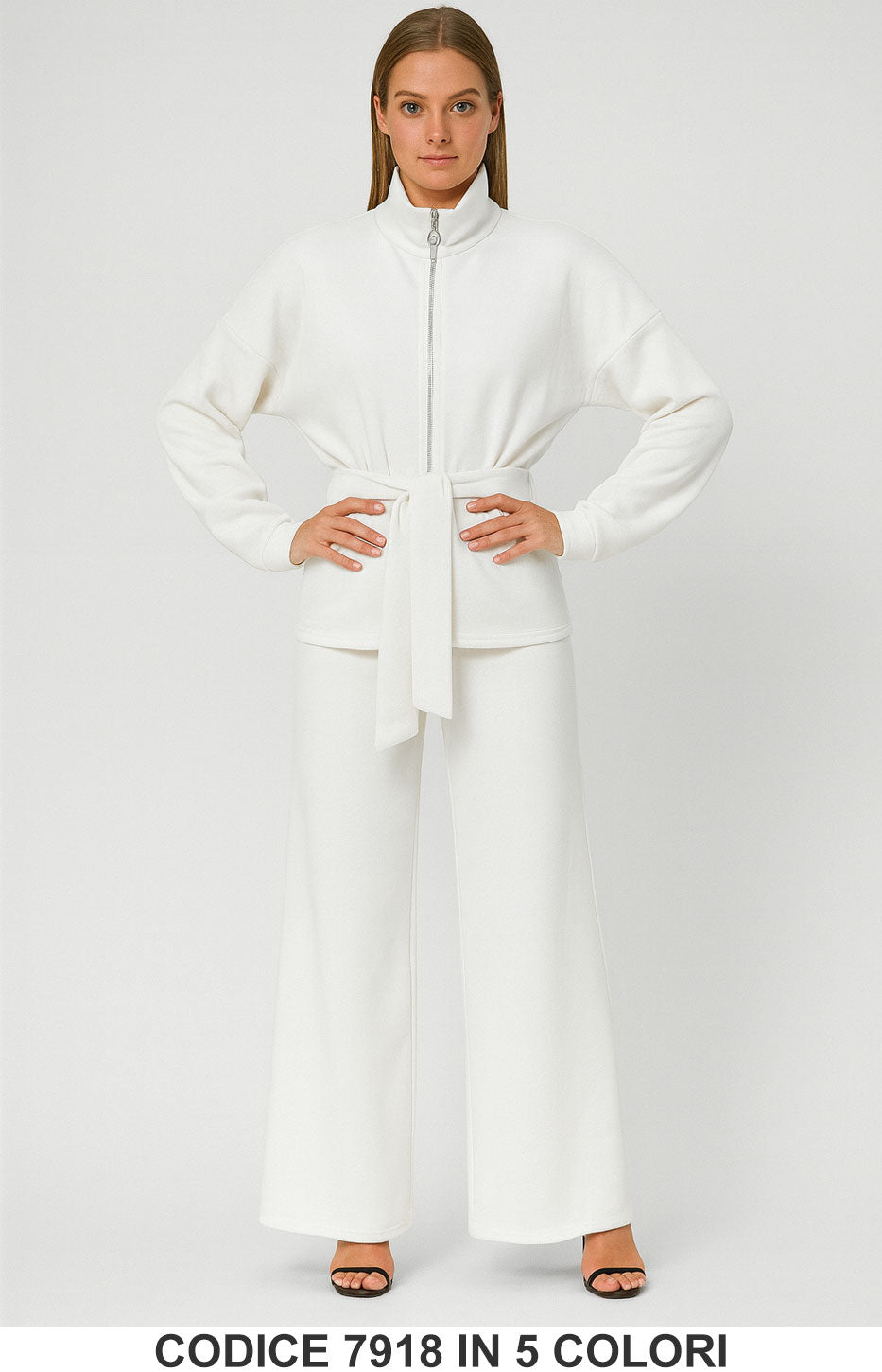Completo sport chic con giacca zip e cintura Pantalone Palazzo Coordinato Fashion in 5 colori – 7918