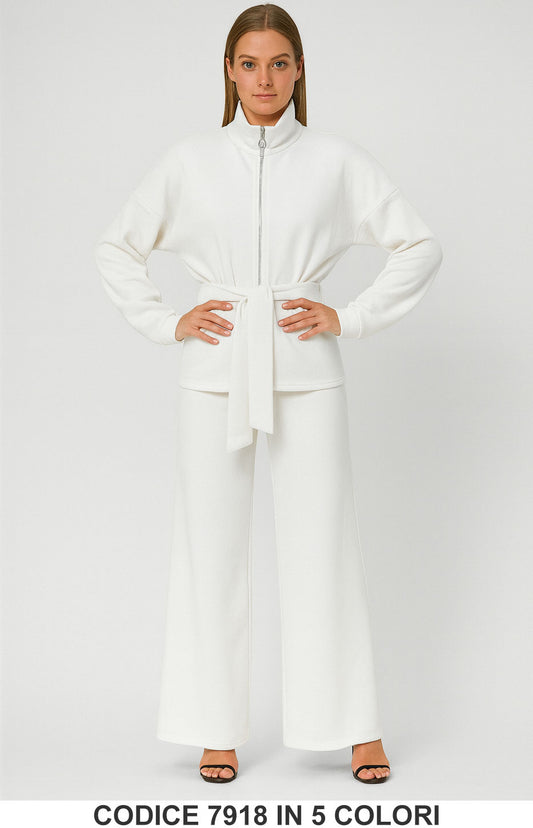 Completo sport chic con giacca zip e cintura Pantalone Palazzo Coordinato Fashion in 5 colori – 7918