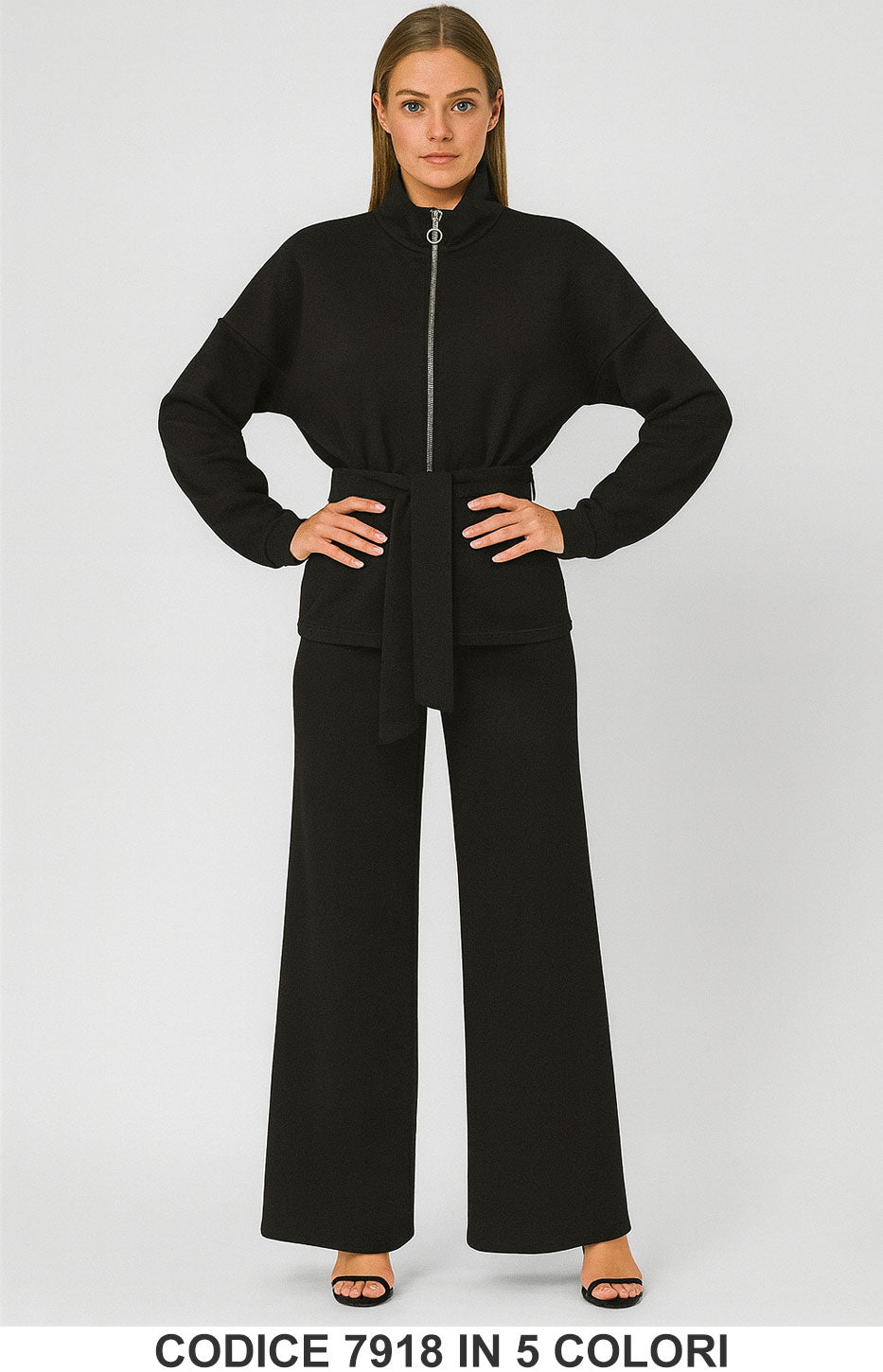 Completo sport chic con giacca zip e cintura Pantalone Palazzo Coordinato Fashion in 5 colori – 7918