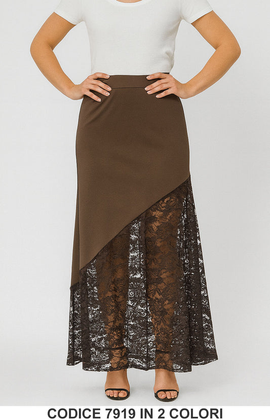 Gonna lunga asimmetrica con pizzo Gonne Fashion Chic Donna Marrone o Nero – 7919