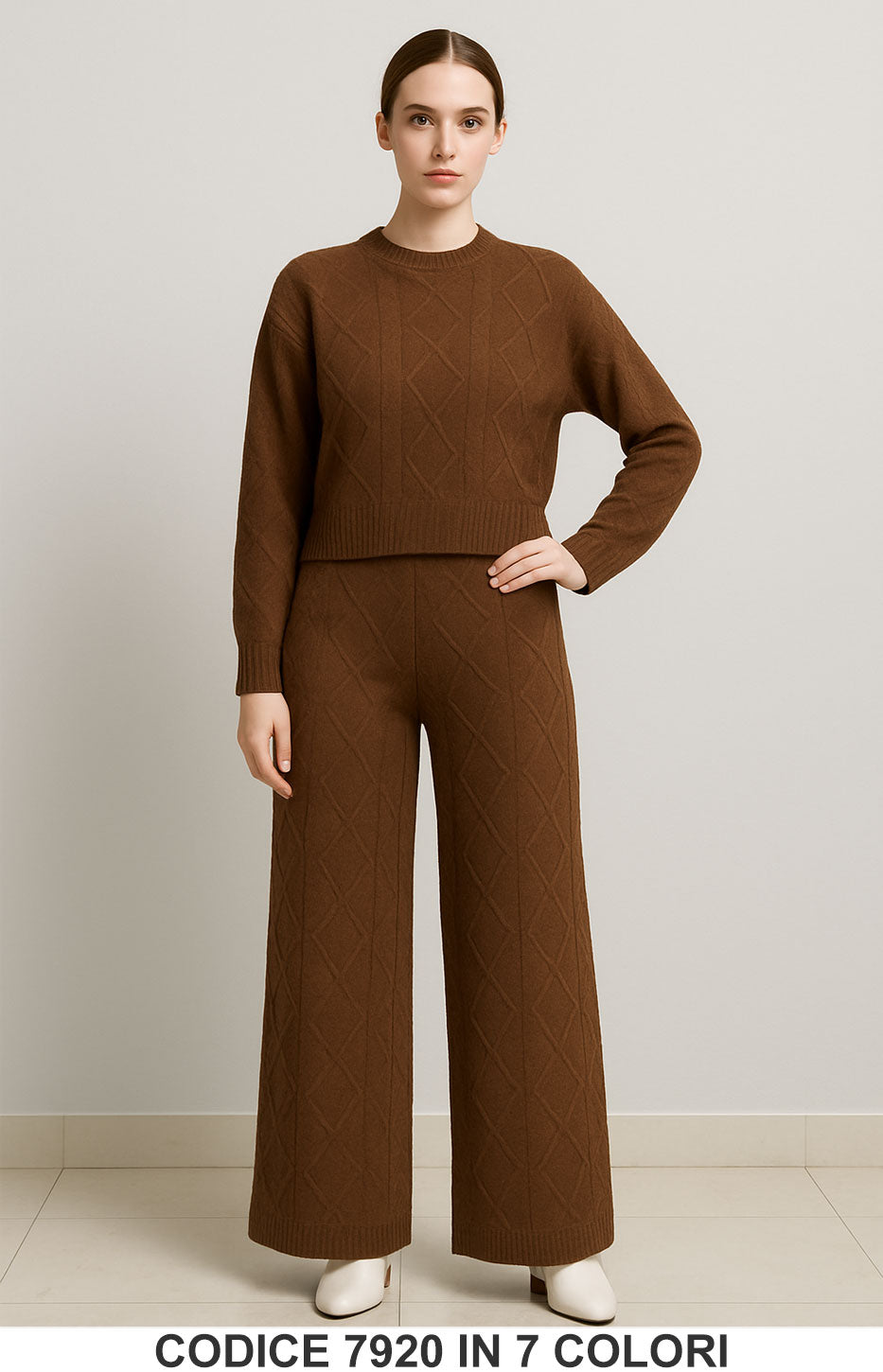 Completo maglia e pantalone a trama rombi Coordinato Morbido Caldo Tuta in 7 colori – 7920
