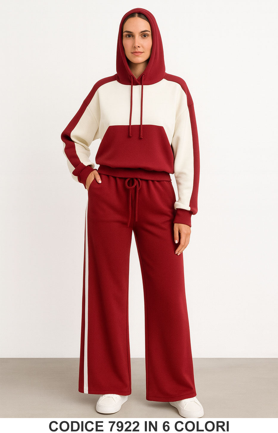 Completo sporty-chic con Felpa cappuccio bicolore Pantalone Righe Tuta Sportiva in 6 colori – 7922