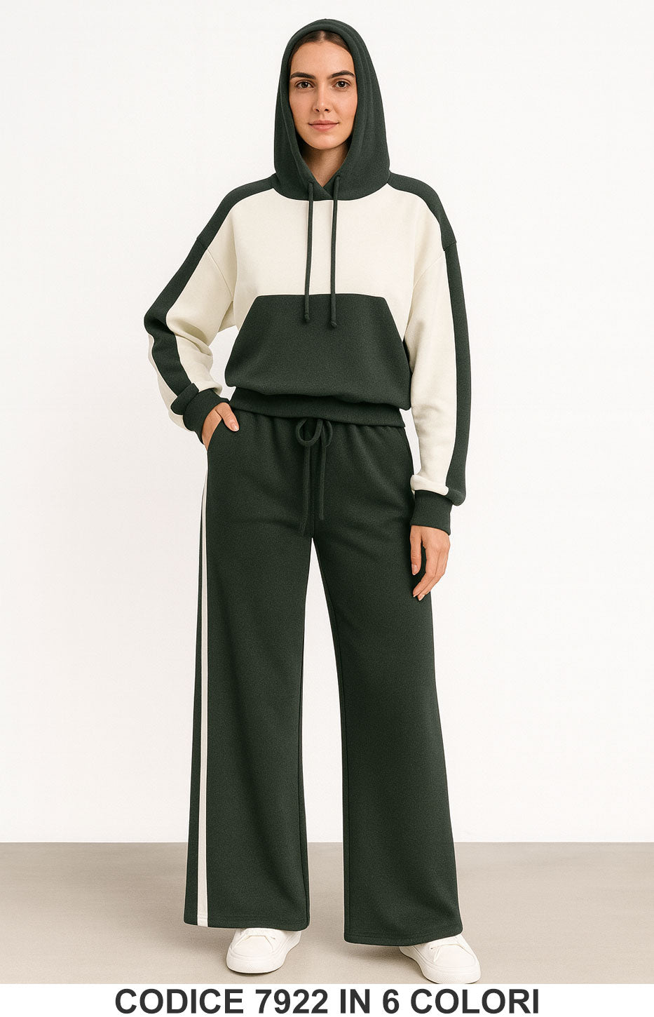 Completo sporty-chic con Felpa cappuccio bicolore Pantalone Righe Tuta Sportiva in 6 colori – 7922