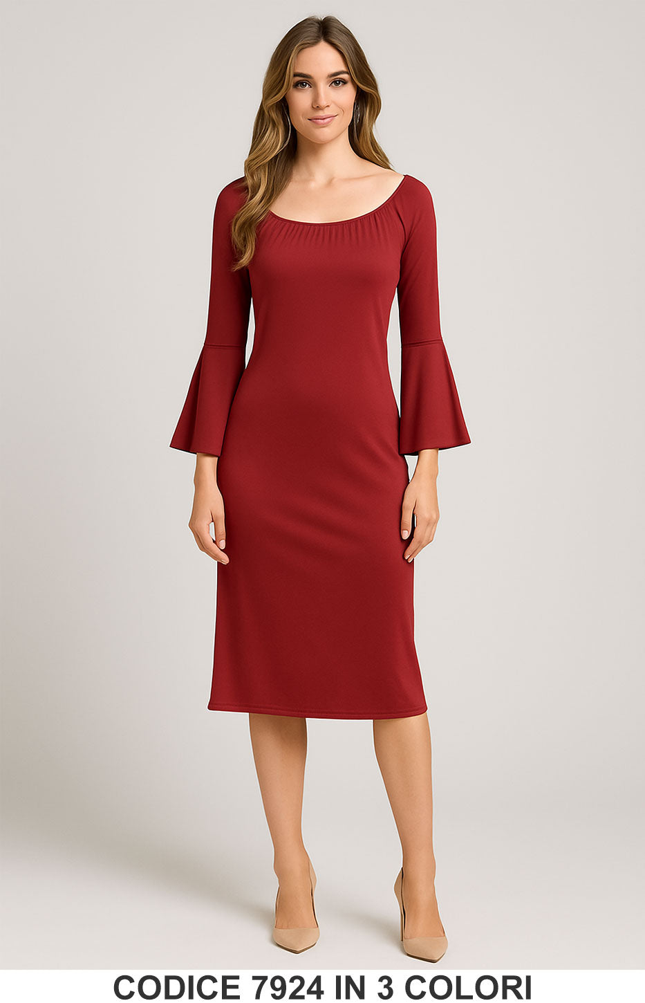 Abito midi elegante con maniche a campana Vestito Lungo Evento Fashion in 3 Colori – 7924