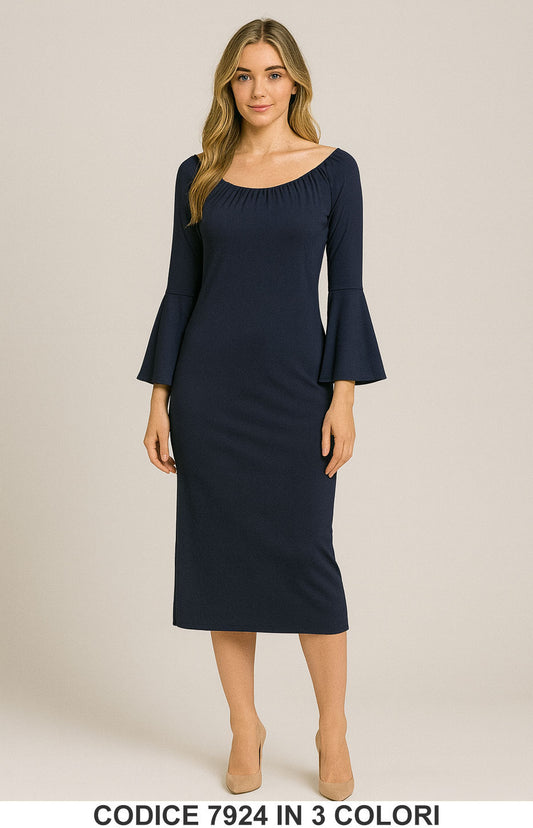 Abito midi elegante con maniche a campana Vestito Lungo Evento Fashion in 3 Colori – 7924